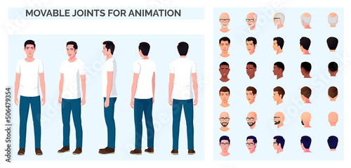 Cartoon Character creation with a Casual Man Wearing White T-shirt and Blue Jeans, Front, Back and Sideview with Multiple Races and Ethnicities