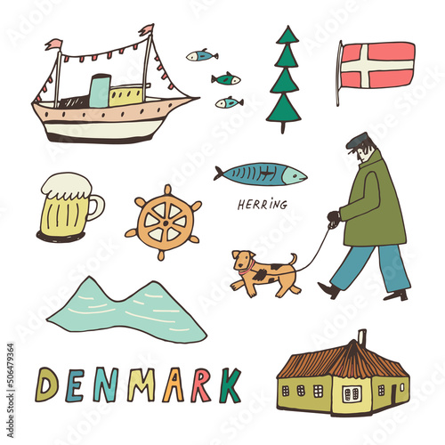 Denmark Copenhagen architecture objects, travel vector illustrations set 