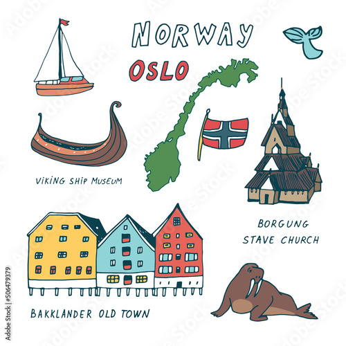 Norway Oslo architecture objects, travel vector illustrations set 
