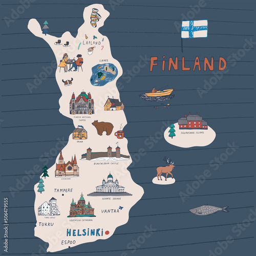 Finland Helsinki map architecture objects, travel vector illustrations set 