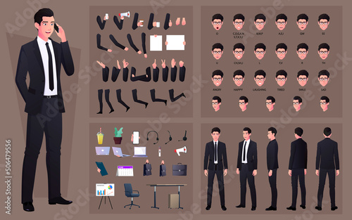 Character Constructor with Business Man Wearing Black Suit. Hand Gestures, Emotions, Lip Sync and Some Office Items