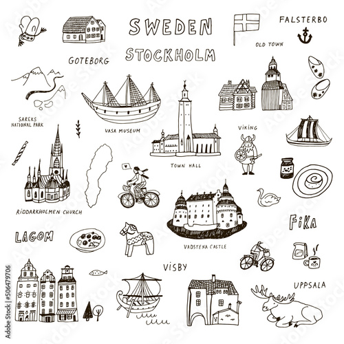 Sweden Stockholm vector architecture, landmark objects illustrations set