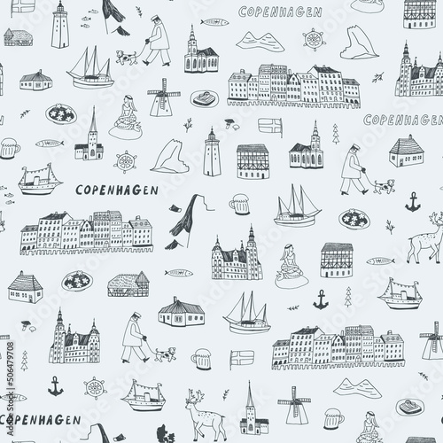 Denmark Copenhagen architecture objects, travel vector seamless line pattern