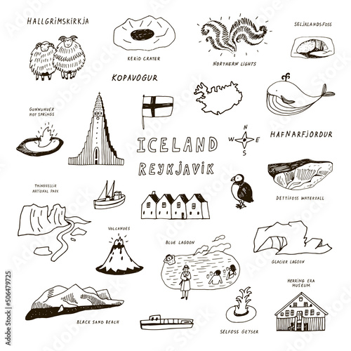 Iceland, Reykjavik architecture objects, travel vector illustrations line set 