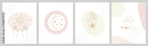 Mystic astrology set. Hand drawn magic vintage signs, esoteric cult fairy design. Abstract zodiac symbols, female hands and celestial objects, moon stars and planets, vector posters and cards
