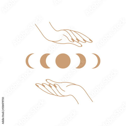 Female hand hold moon in different phases, mystic astrology. Hand drawn magic vintage sign, esoteric cult fairy card design. Abstract zodiac symbols, vector isolated illustration