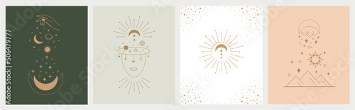 Mystic astrology set. Hand drawn magic vintage signs collection, esoteric cult fairy card design. Wall art or posters, vector isolated line elements, moon and stars, abstract zodiac symbols