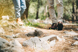 Close-up view of tourists school boy and his dad feet walking a stone footpath in spring forest. Child boy and father wearing hiking boots while walking in summer greenwood forest.