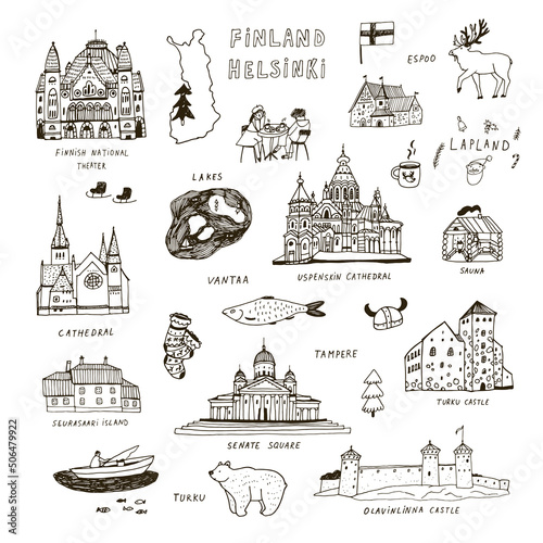 Finland Helsinki architecture objects, travel vector illustrations line set 