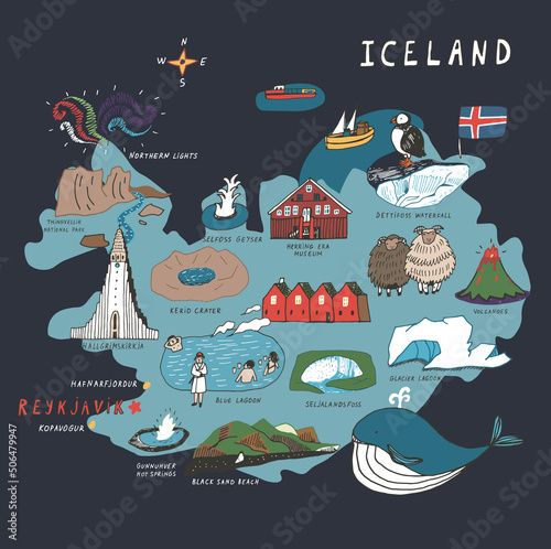 Iceland, Reykjavik map with architecture objects, travel vector illustrations set 