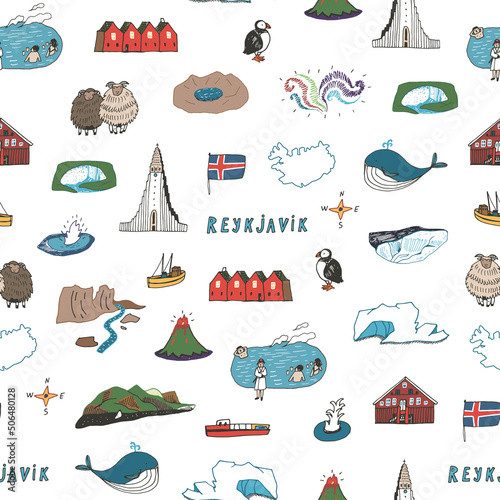 Iceland, Reykjavik architecture objects, travel vector seamless patten