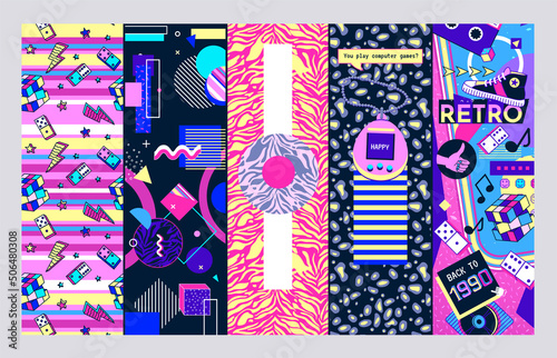 90s retro textures. Trend fashion pop music vertical posters with party elements, popular art, vintage shapes on colorful background, 80s aesthetic patterns. Vector graphic template