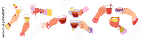 Female hands hold beverages. People hand cheers alcoholic drinks, cocktails and tea. Friend celebrate with drink in glass cups and mugs, festive holiday morning. Vector cartoon flat set