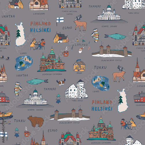 Finland Helsinki architecture objects, travel vector seamless pattern