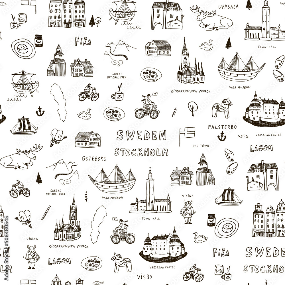 Sweden Stockholm travel objects, architecture, landmark vector seamless pattern