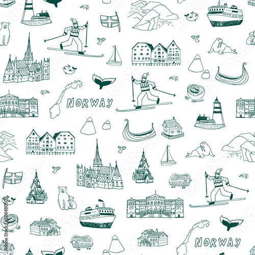 Norway Oslo seamless pattern with architecture objects, travel illustrations set 