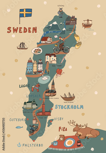 Stockholm Sweden travel touristic map architecture objects, landmarks, vector illustrations set 