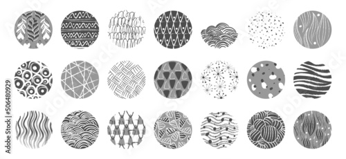 Monochrome pattern. Black and gray doodle circle backgrounds collection, abstract geometric backdrop, texture hand drawn, story highlight covers, round logo and emblem, vector set