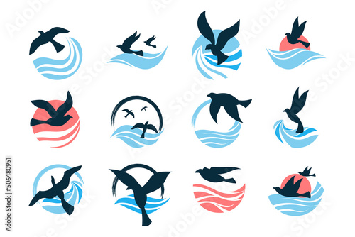 Wave ocean logo. Icon set sea and ocean water elements with birds silhouettes, river round emblem or circle badge, marine collection, symbol of drop, splash and gull vector illustration