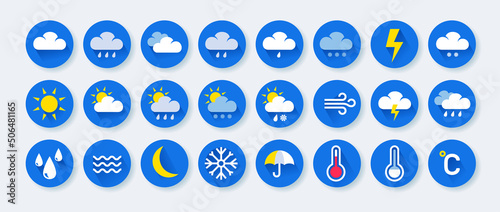 Weather icons. Meteorology forecast round signs. Precipitation and temperature prognosis. Sunny day with bright sunshine. Cloudy sky. Summer rain and winter snow. Vector symbols set