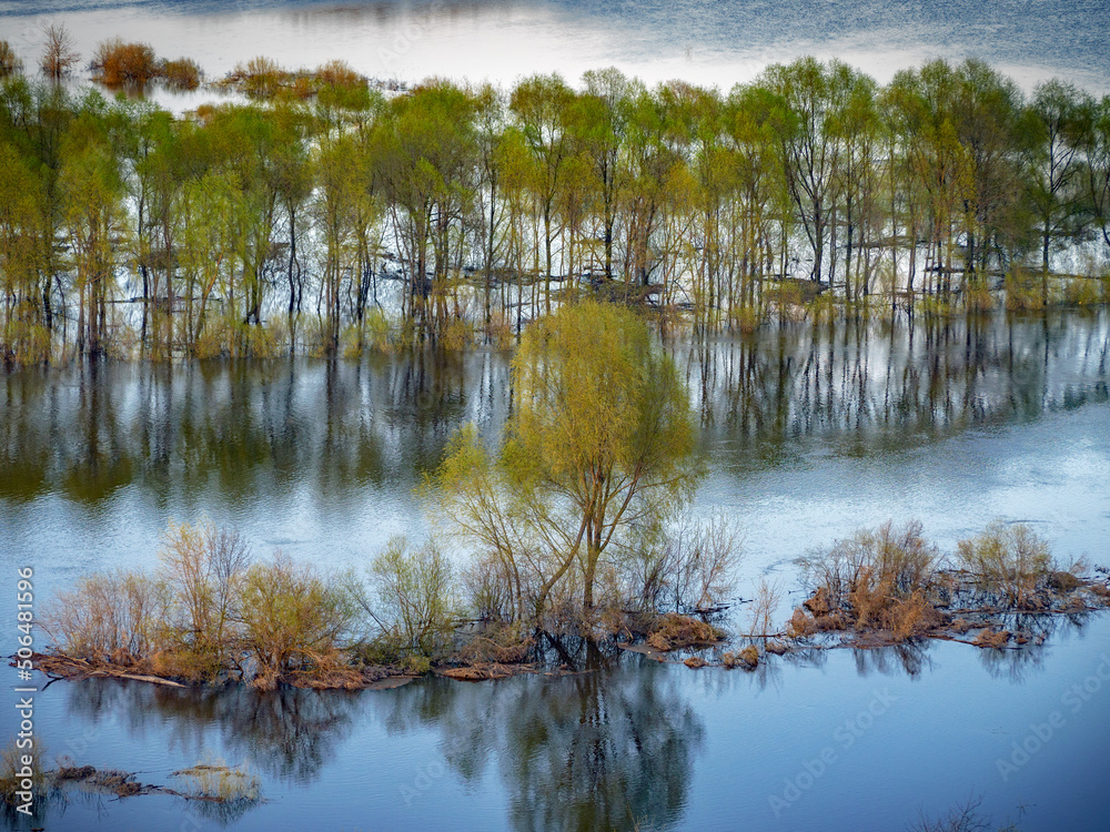 Views of a wide-spread river with islands from a high bank