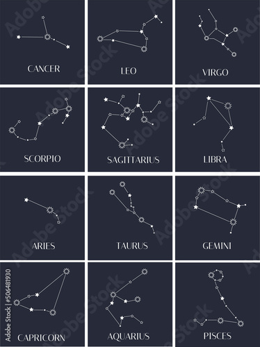 Vector set of Zodiac signs, stars, constellations.