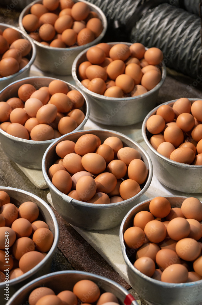 Bunch of brown organic and vegetarian eggs in multiple utensils for sale in market during festival for easter Bunch of brown organic and vegetarian eggs in multiple utensils for sale in market during festival for easter