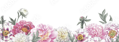 Colored pencil border with peonies on white background. Floral vintage arrangement. Hand drawn botanical illustration for greeting cards, wedding invitation cards and summer backgrounds. 