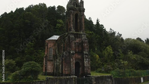 Capela de Nossa Senhora das Vitorias - old baroque church chapel by the lake, Azores, Portugal. 4k drone footage
 photo