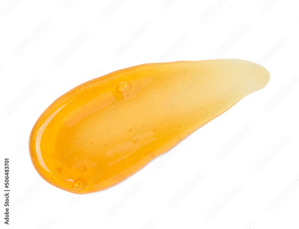 Transparent orange gel smear smudge with bubbles macro isolated on white background top view Transparent orange gel smear smudge with bubbles macro isolated on white background top view