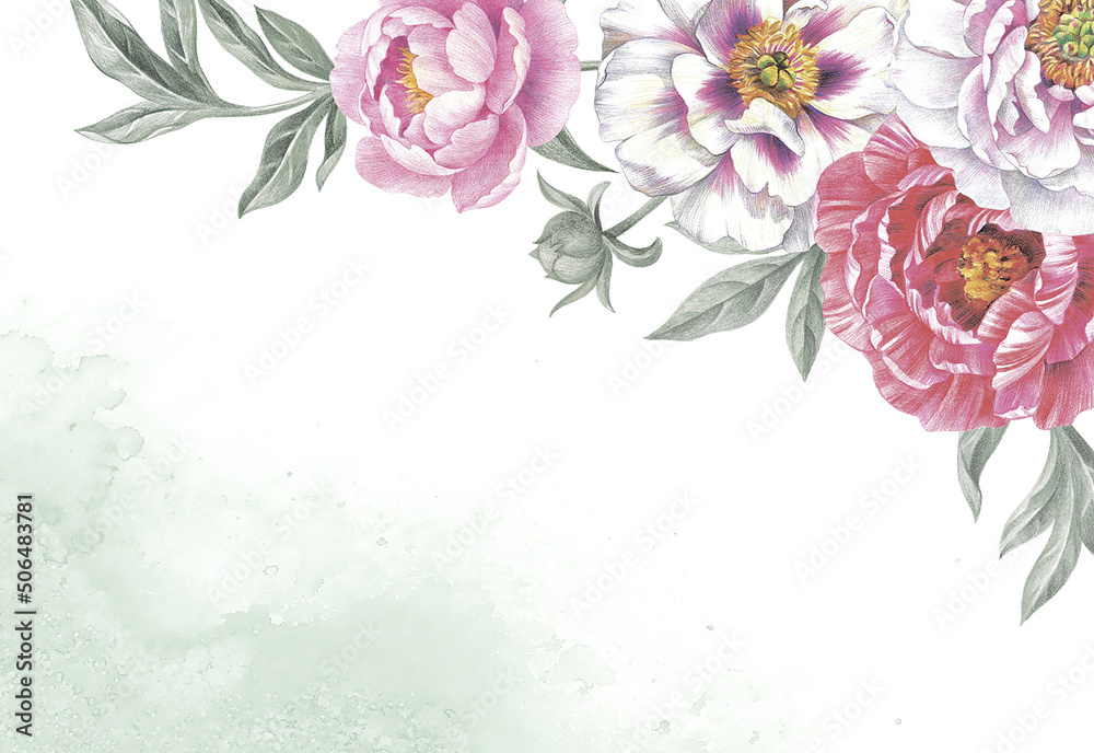 Colored pencil card template with peonies. Floral vintage background. Hand drawn botanical illustration for wedding invitations. 