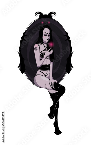 Seductive gothic girl takes a selfie on a mobile phone in a dark mirror. Cartoon fantasy style vector illustration. 