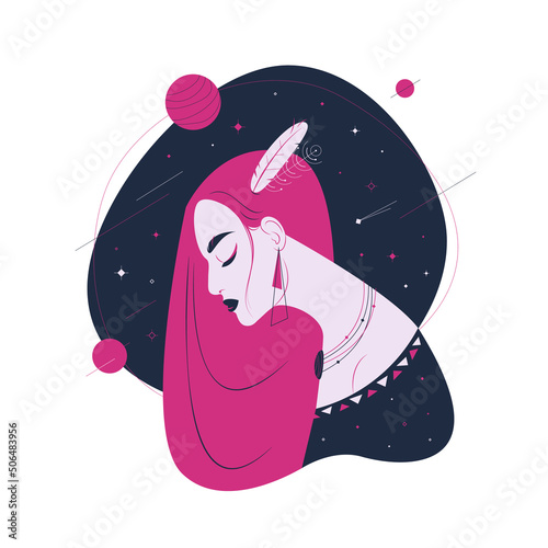 Beautiful woman with pink hair in ethnic clothes on the background of the starry sky vector illustration. Stylish girl with feathers in her hair flat style design.