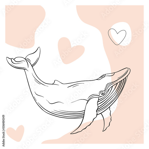 Whales are drawn in the style of linear art. Vector illustration on a white background. Cetaceans with hearts
