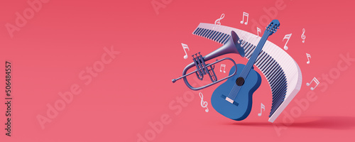 Musical instruments with flying music notes isolated on pink background 3d render 3d illustration photo