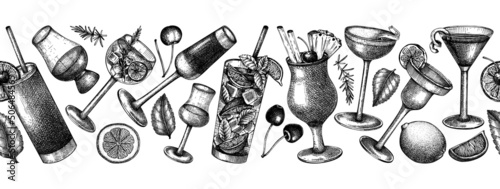 Seamless cocktail glasses ribbon design. Hand-sketched alcoholic drinks in elegant glassware. Popular alcohol cocktails drawings in sketched style. Banner design for pub, bar, or restaurant menu