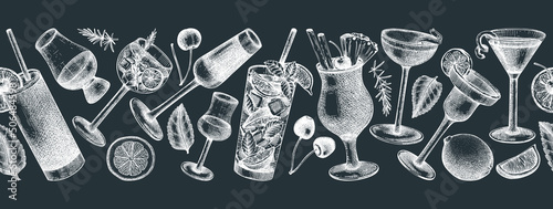 Seamless cocktail glasses ribbon design. Hand-sketched alcoholic drinks in elegant glassware. Popular alcohol cocktails drawings on chalkboard. Perfect banner design for pub, bar, or restaurant menu photo