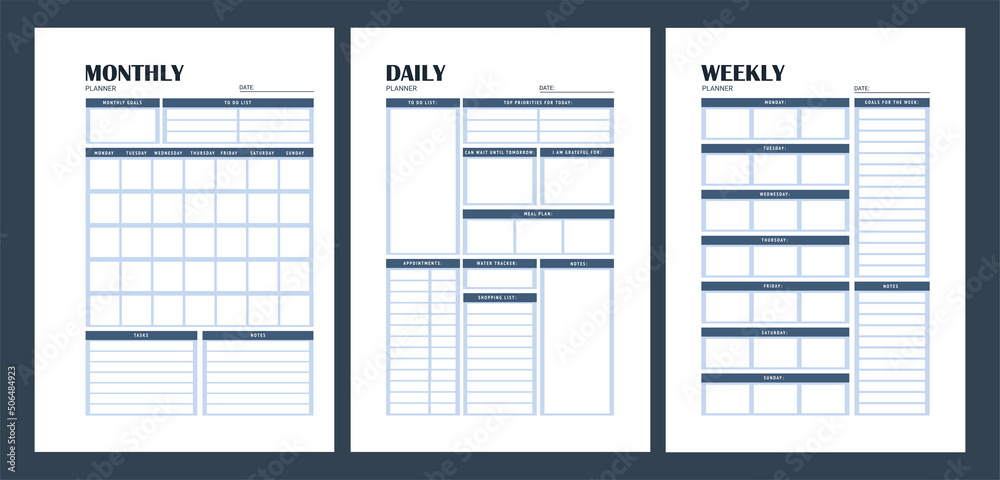 Set of Daily Weekly Monthly planner printable template Vector. Blank ...