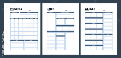 Set of Daily Weekly Monthly planner printable template Vector. Blank printable vertical notebook page for men