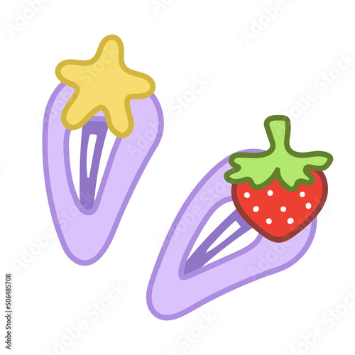 Cute hairpins with star and strawberry. Purple color. Vector set isolated on white background.