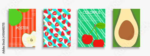 Set of bright colorful summer posters, templates, placards, brochures, banners, flyers and etc. Vibrant tropical fruit covers. Nature funky cards. Healthy prints