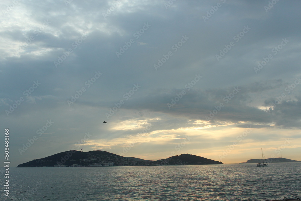 Istanbul Adalar, island landscapes, seagulls, black-winged seagulls soaring from the sky, crow on the tree, seagulls, passenger ferry, sunset Adalar Istanbul Turkey