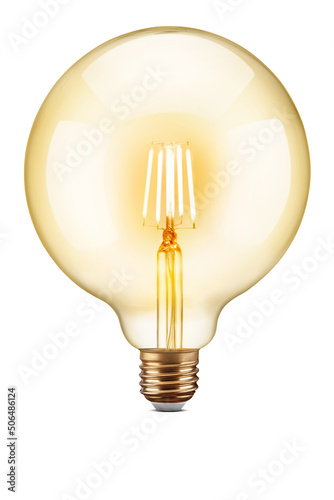 LED filament tungsten vintage round light bulb, isolated on white background