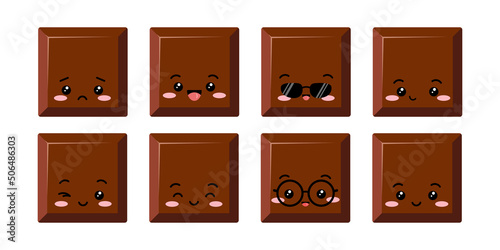 Cute square chocolate bar piece kids emoji character vector icon set. Yummy milky smilling, sad, winking choco chunk with face. Kawaii cartoon style cacao sweet food morsel emoticon illustration.