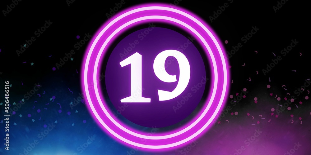 Number 19. Banner with the number nineteen on a black background and blue and purple details with a circle purple in the middle Number 19. Banner with the number nineteen on a black background and blue and purple details with a circle purple in the middle
