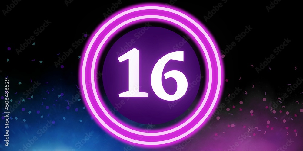 Number 16 Banner with the number sixteen on a black background and blue and purple details with a circle purple in the middle