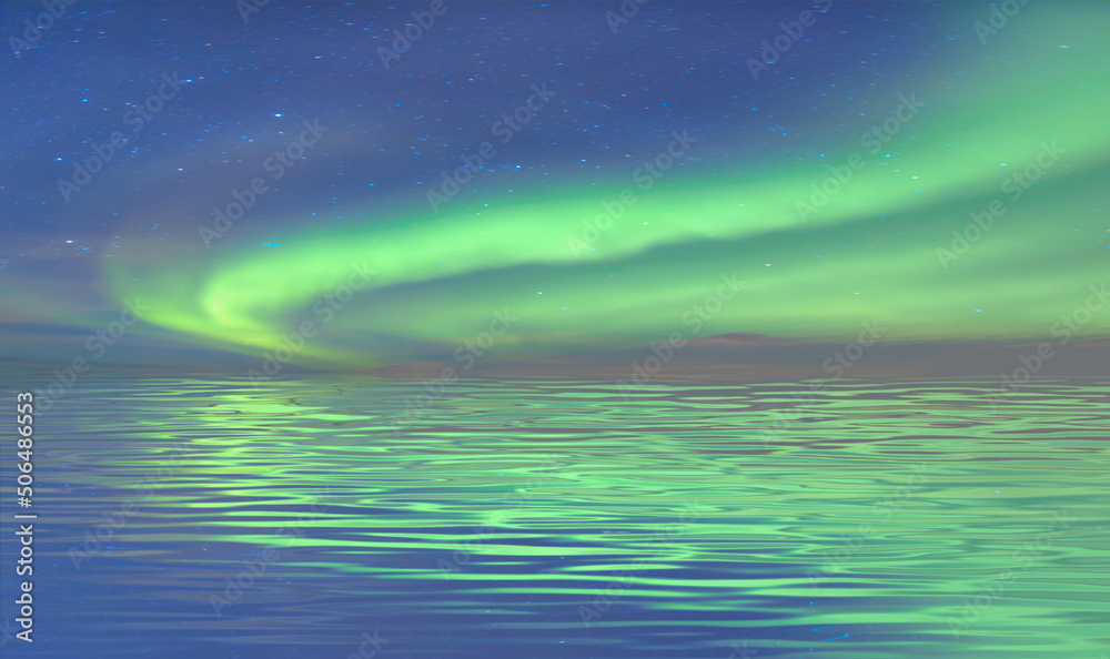 Northern lights (Aurora borealis) in the sky over Tromso, Norway - Aurora reflection on the sea on the background Norwegian fjord - Winter season.