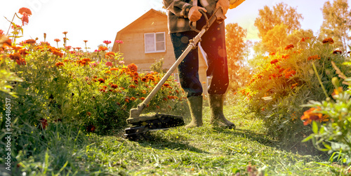 Back shoot of a man mowing the grass. Tranquil scene photo