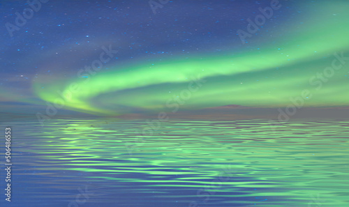 Northern lights (Aurora borealis) in the sky over Tromso, Norway - Aurora reflection on the sea on the background Norwegian fjord - Winter season.