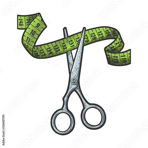 scissors cut measure tape color sketch engraving vector illustration. T-shirt apparel print design. Scratch board imitation. Black and white hand drawn image.